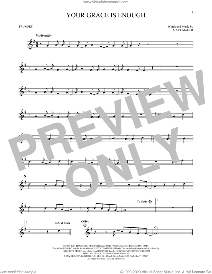 Your Grace Is Enough sheet music for trumpet solo by Chris Tomlin and Matt Maher, intermediate skill level