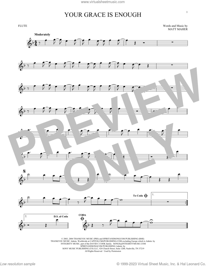 Your Grace Is Enough sheet music for flute solo by Chris Tomlin and Matt Maher, intermediate skill level