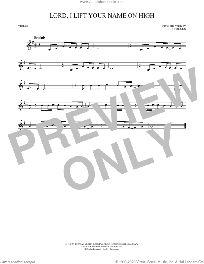 Lord, I Lift Your Name On High sheet music for violin solo by Rick Founds, intermediate skill level
