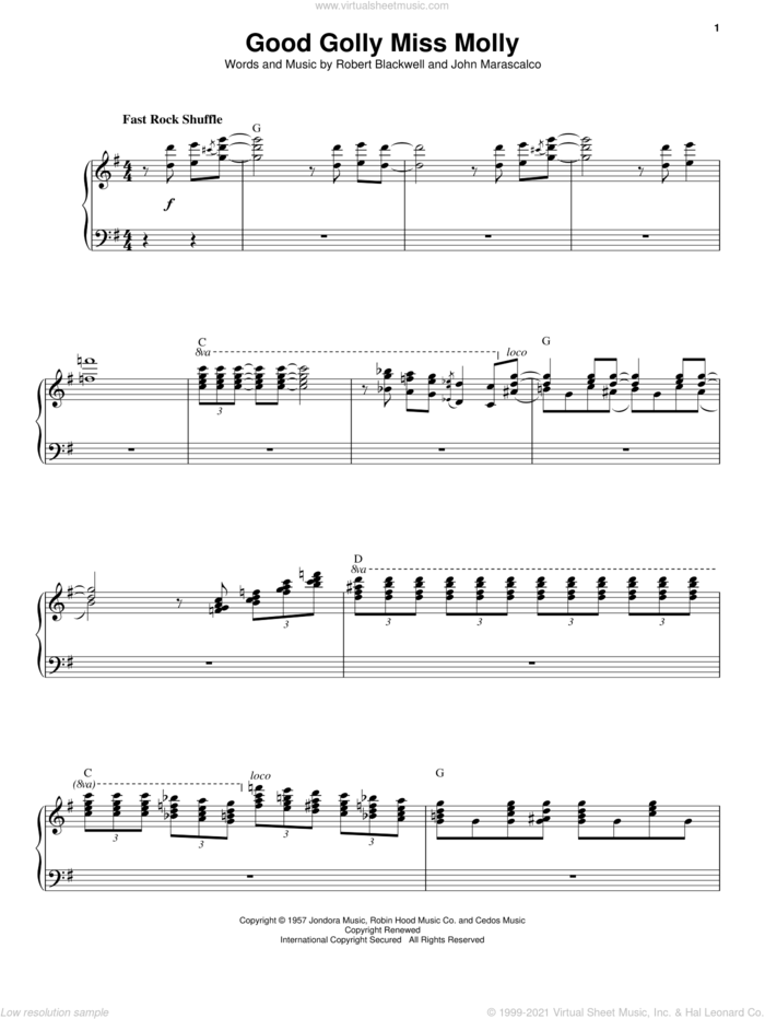 Good Golly Miss Molly sheet music for voice and piano by Little Richard, John Marascalco and Robert Blackwell, intermediate skill level