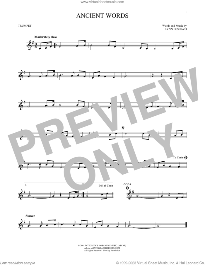 Ancient Words sheet music for trumpet solo by Lynn DeShazo, intermediate skill level