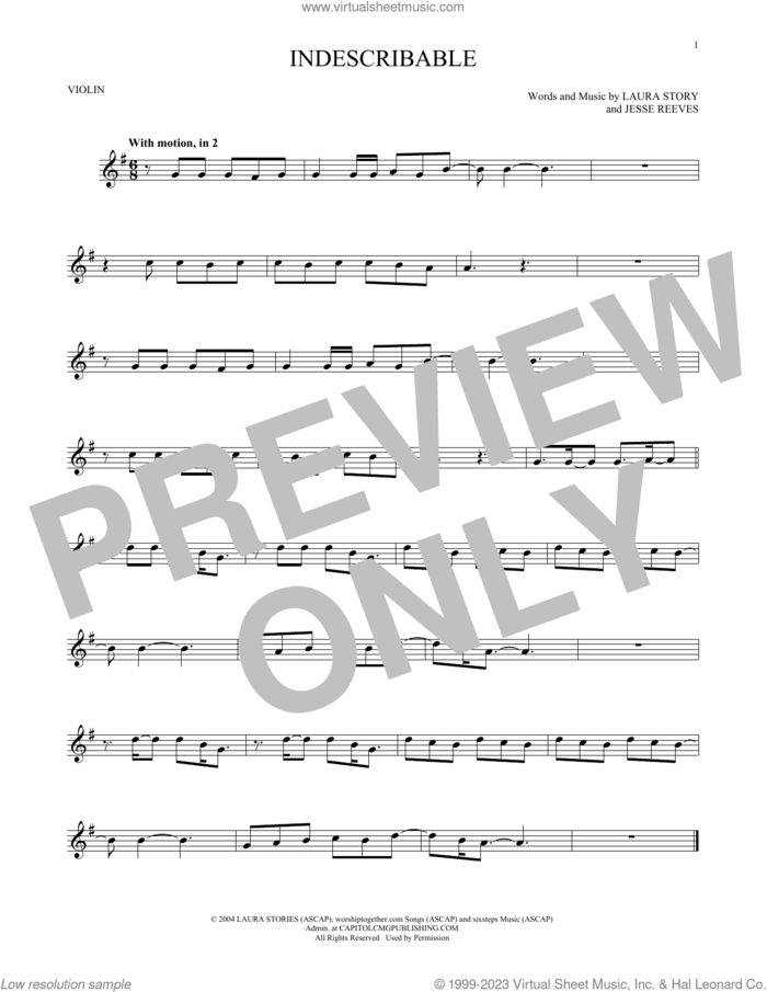 Indescribable sheet music for violin solo by Chris Tomlin, Avalon, Jesse Reeves and Laura Story, intermediate skill level
