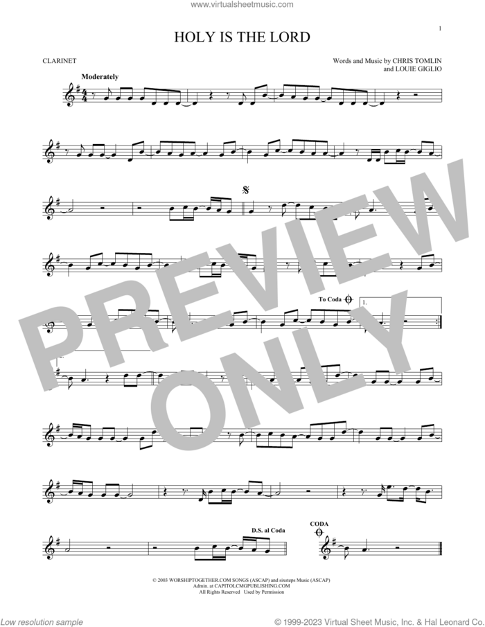 Holy Is The Lord sheet music for clarinet solo by Chris Tomlin and Louie Giglio, intermediate skill level