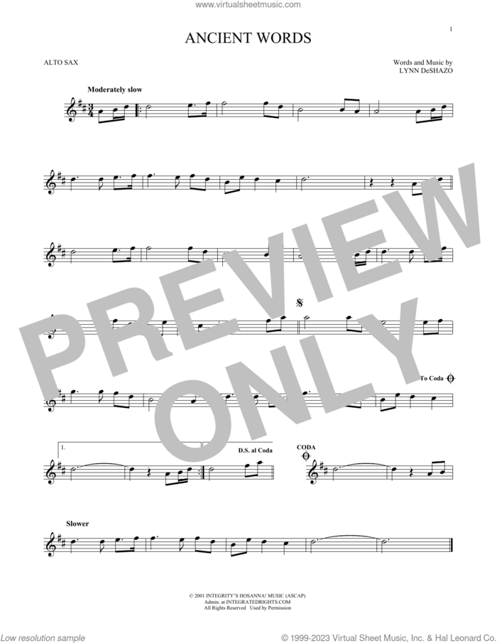 Ancient Words sheet music for alto saxophone solo by Lynn DeShazo, intermediate skill level