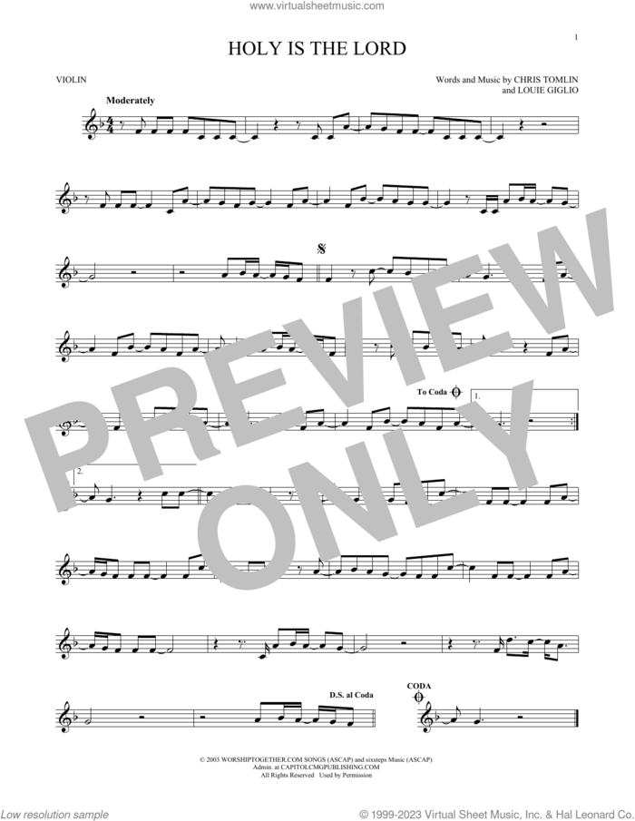 Holy Is The Lord sheet music for violin solo by Chris Tomlin and Louie Giglio, intermediate skill level