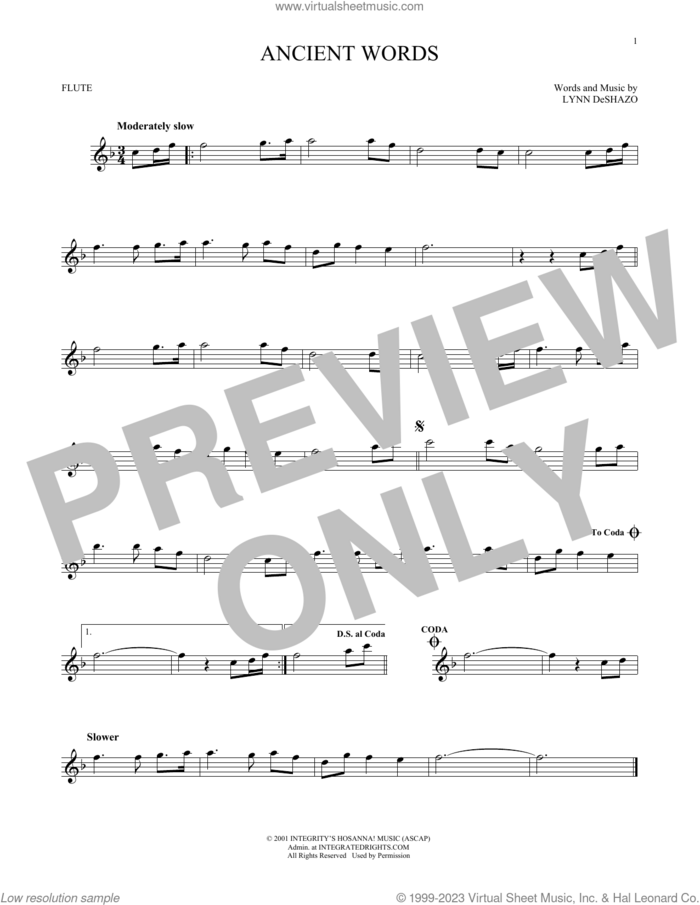 Ancient Words sheet music for flute solo by Lynn DeShazo, intermediate skill level