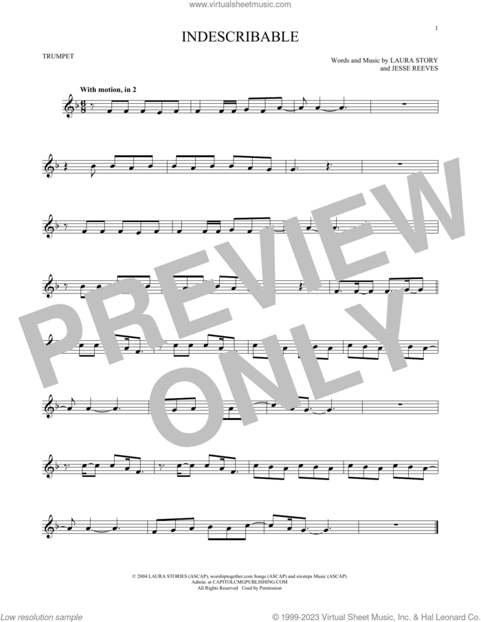 Indescribable sheet music for trumpet solo by Chris Tomlin, Avalon, Jesse Reeves and Laura Story, intermediate skill level