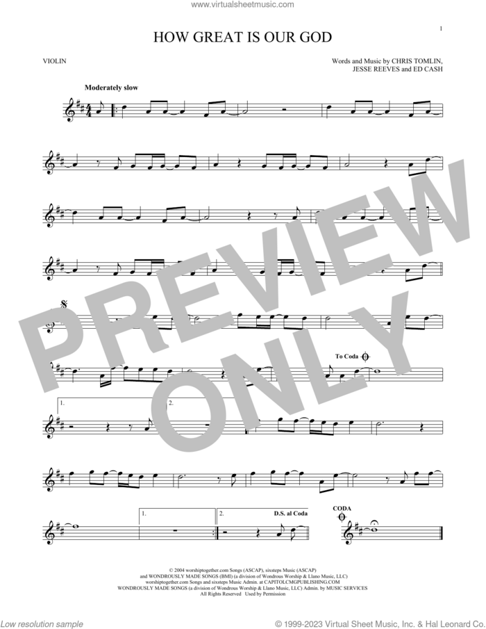 How Great Is Our God sheet music for violin solo by Chris Tomlin, Ed Cash and Jesse Reeves, intermediate skill level