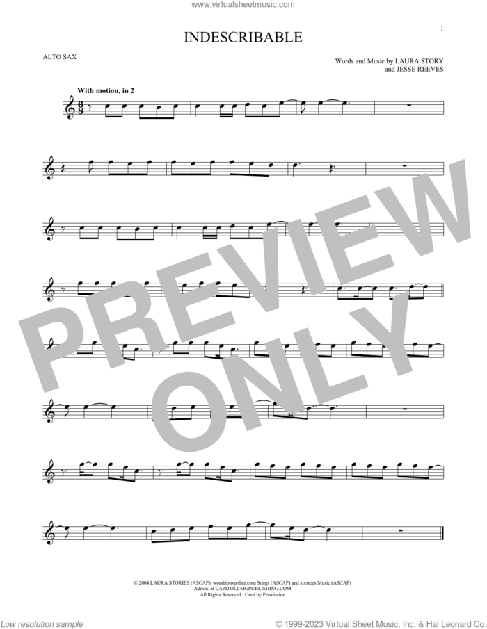 Indescribable sheet music for alto saxophone solo by Chris Tomlin, Avalon, Jesse Reeves and Laura Story, intermediate skill level