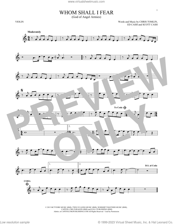 Whom Shall I Fear (God Of Angel Armies) sheet music for violin solo by Chris Tomlin, Ed Cash and Scott Cash, intermediate skill level