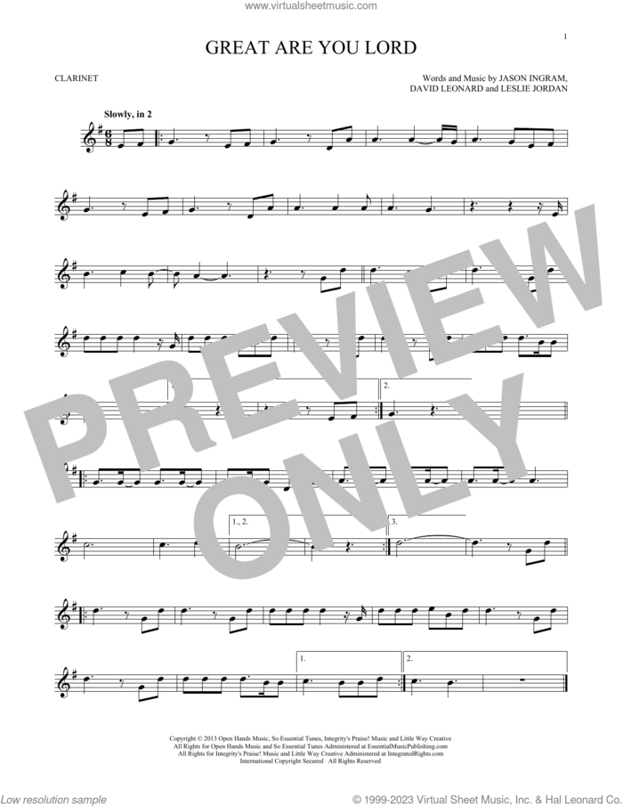 Great Are You Lord sheet music for clarinet solo by All Sons & Daughters, David Leonard, Jason Ingram and Leslie Jordan, intermediate skill level