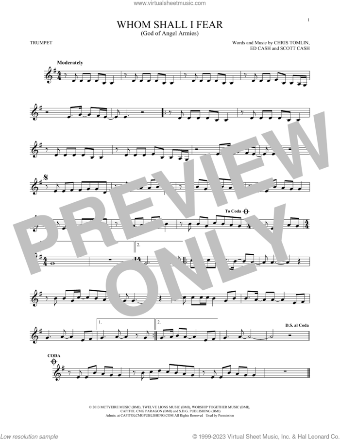Whom Shall I Fear (God Of Angel Armies) sheet music for trumpet solo by Chris Tomlin, Ed Cash and Scott Cash, intermediate skill level