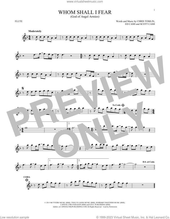 Whom Shall I Fear (God Of Angel Armies) sheet music for flute solo by Chris Tomlin, Ed Cash and Scott Cash, intermediate skill level