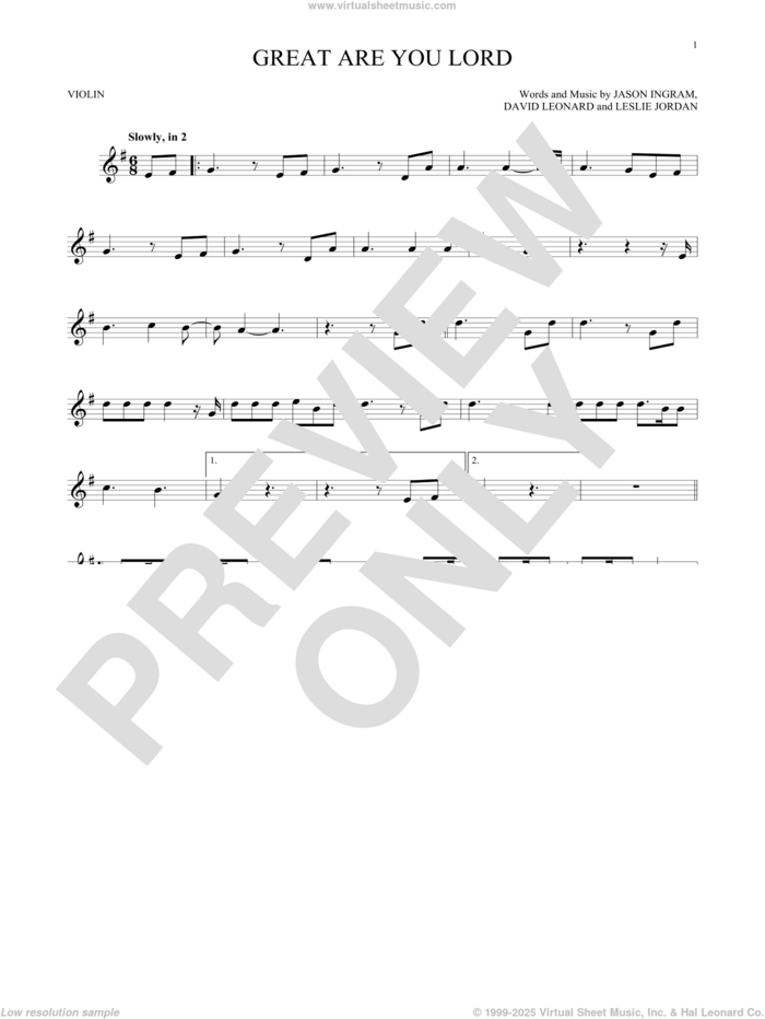 Great Are You Lord sheet music for violin solo by All Sons & Daughters, David Leonard, Jason Ingram and Leslie Jordan, intermediate skill level