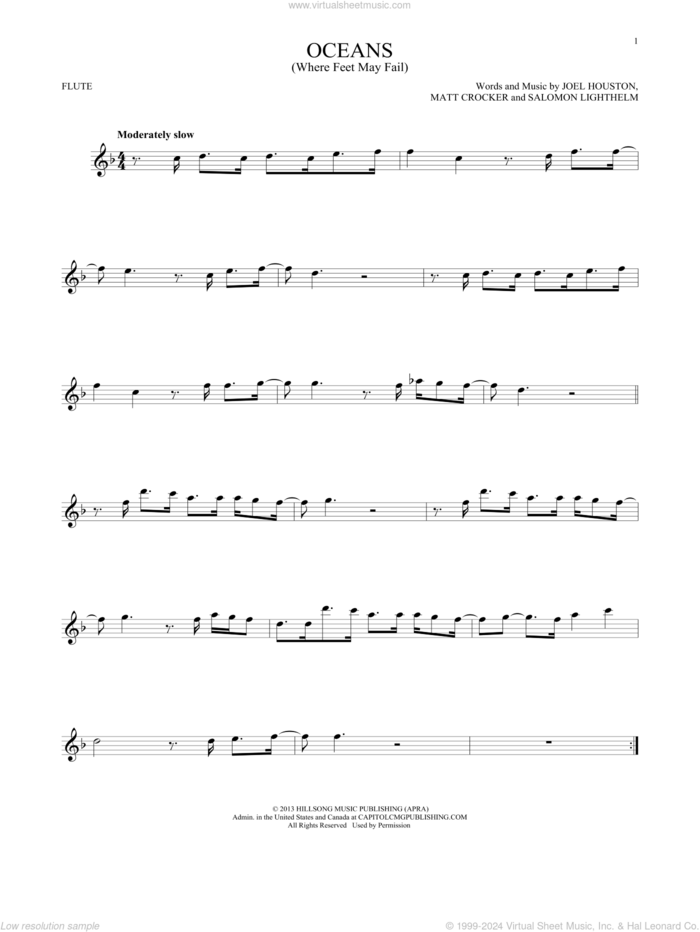 Oceans (Where Feet May Fail) sheet music for flute solo by Hillsong United, Joel Houston, Matt Crocker and Salomon Lighthelm, intermediate skill level