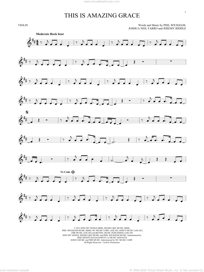 This Is Amazing Grace sheet music for violin solo by Phil Wickham, Jeremy Riddle and Joshua Neil Farro, intermediate skill level