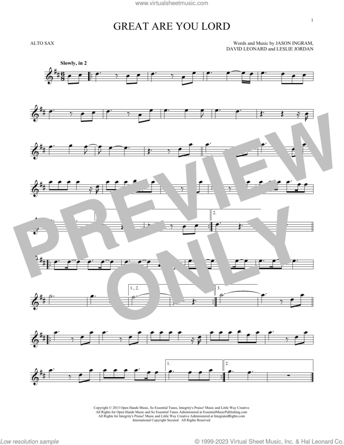 Great Are You Lord sheet music for alto saxophone solo by All Sons & Daughters, David Leonard, Jason Ingram and Leslie Jordan, intermediate skill level