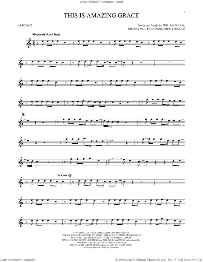 This Is Amazing Grace sheet music for alto saxophone solo by Phil Wickham, Jeremy Riddle and Joshua Neil Farro, intermediate skill level