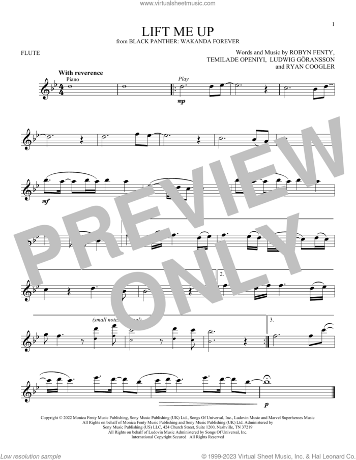 Lift Me Up (from Black Panther: Wakanda Forever) sheet music for flute solo by Rihanna, Ludwig Goransson, Robyn Fenty, Ryan Coogler and Temilade Openiyi, intermediate skill level