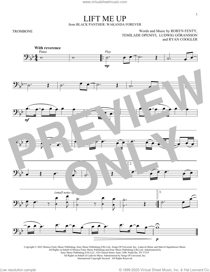 Lift Me Up (from Black Panther: Wakanda Forever) sheet music for trombone solo by Rihanna, Ludwig Goransson, Robyn Fenty, Ryan Coogler and Temilade Openiyi, intermediate skill level