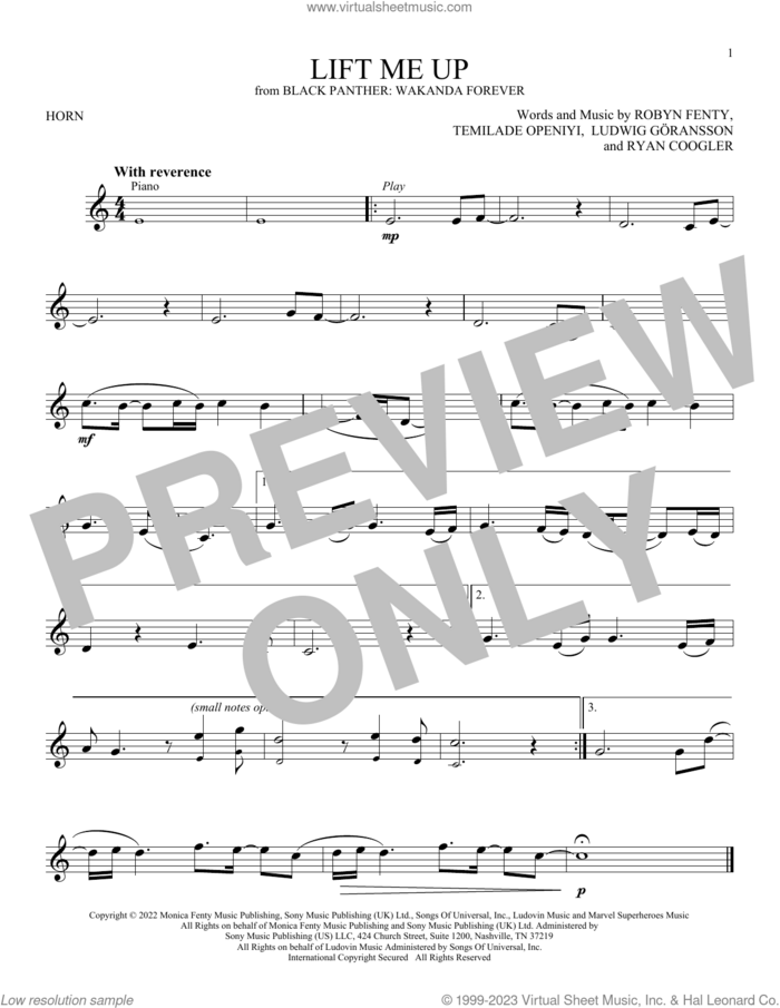 Lift Me Up (from Black Panther: Wakanda Forever) sheet music for horn solo by Rihanna, Ludwig Goransson, Robyn Fenty, Ryan Coogler and Temilade Openiyi, intermediate skill level