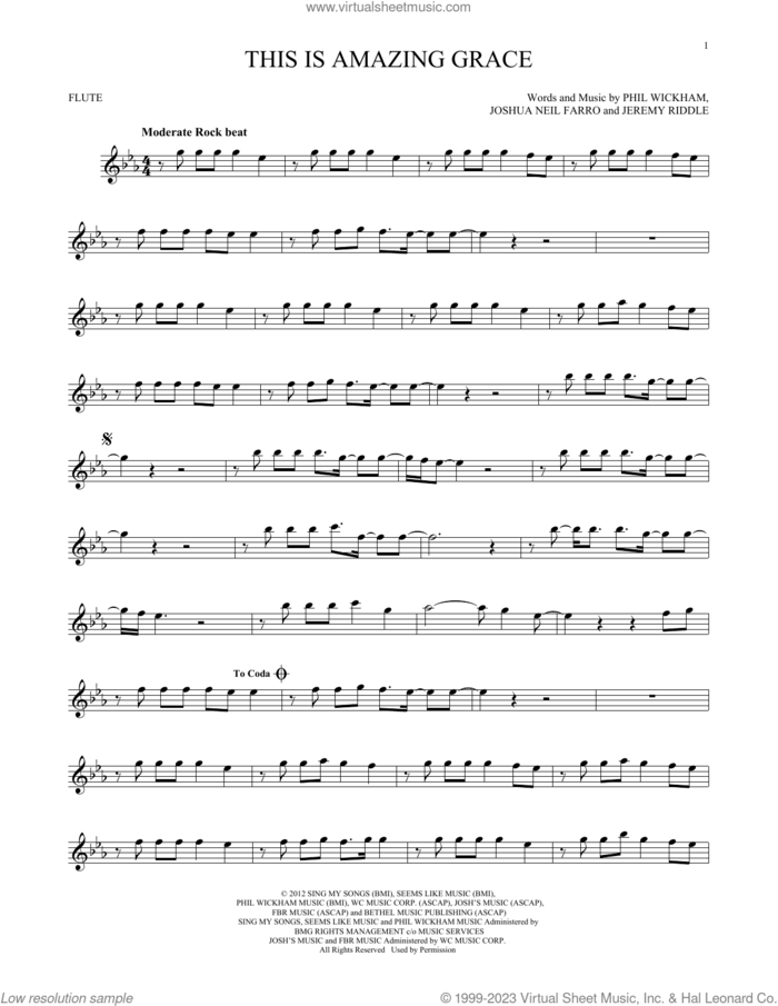 This Is Amazing Grace sheet music for flute solo by Phil Wickham, Jeremy Riddle and Joshua Neil Farro, intermediate skill level