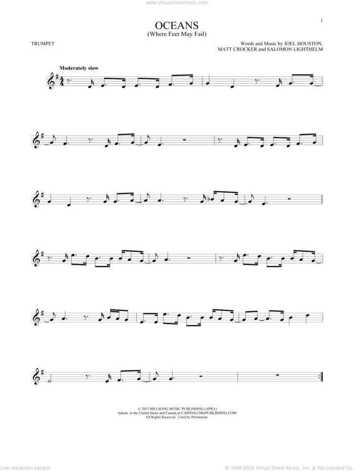 Oceans (Where Feet May Fail) sheet music for trumpet solo by Hillsong United, Joel Houston, Matt Crocker and Salomon Lighthelm, intermediate skill level