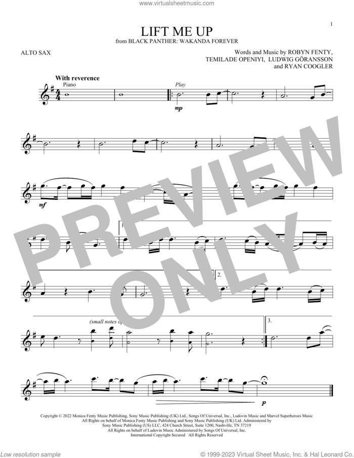Lift Me Up (from Black Panther: Wakanda Forever) sheet music for alto saxophone solo by Rihanna, Ludwig Goransson, Robyn Fenty, Ryan Coogler and Temilade Openiyi, intermediate skill level