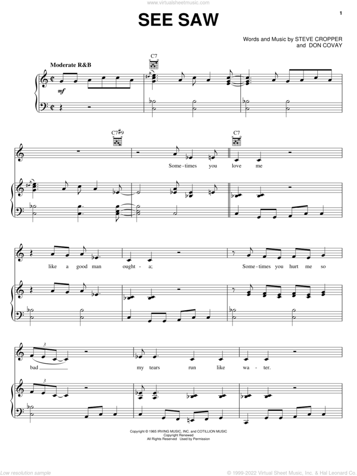 See Saw sheet music for voice, piano or guitar by Aretha Franklin, Don Cornell, The Moonglows, Don Covay and Steve Cropper, intermediate skill level
