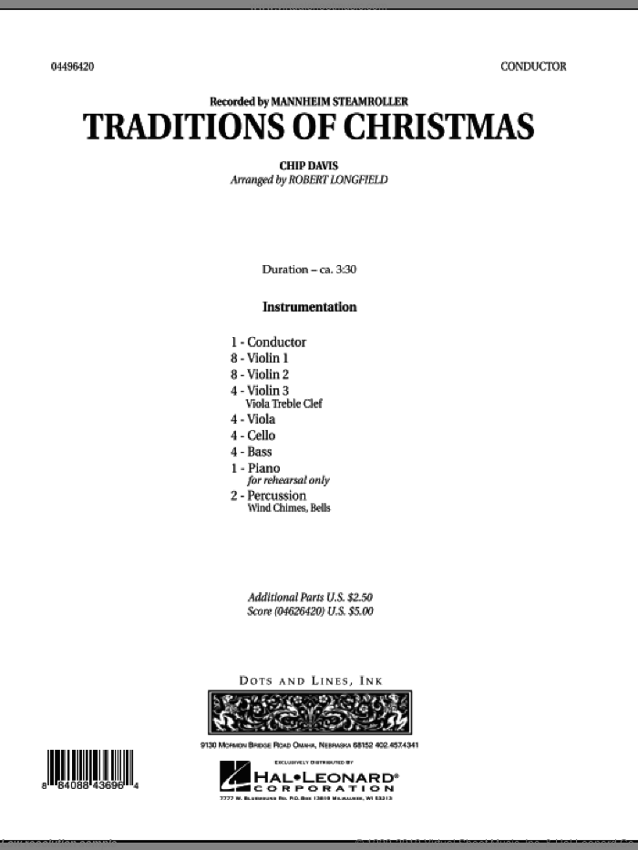 Traditions of Christmas (COMPLETE) sheet music for orchestra by Robert Longfield, Chip Davis and Mannheim Steamroller, intermediate skill level