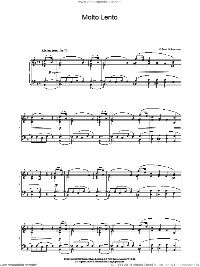 Molto Lento sheet music for piano solo by Robert Schumann, classical score, intermediate skill level