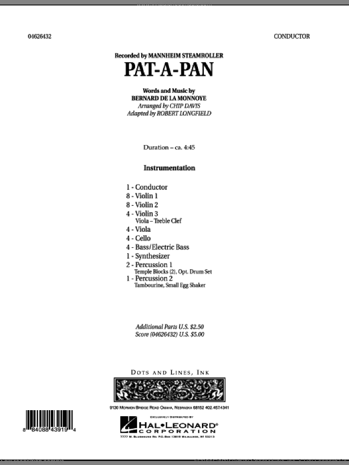 Pat-A-Pan (COMPLETE) sheet music for orchestra by Robert Longfield, Chip Davis and Mannheim Steamroller, intermediate skill level