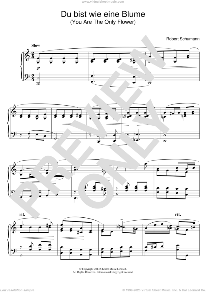 Du bist wie eine Blume sheet music for piano solo by Robert Schumann, classical score, intermediate skill level