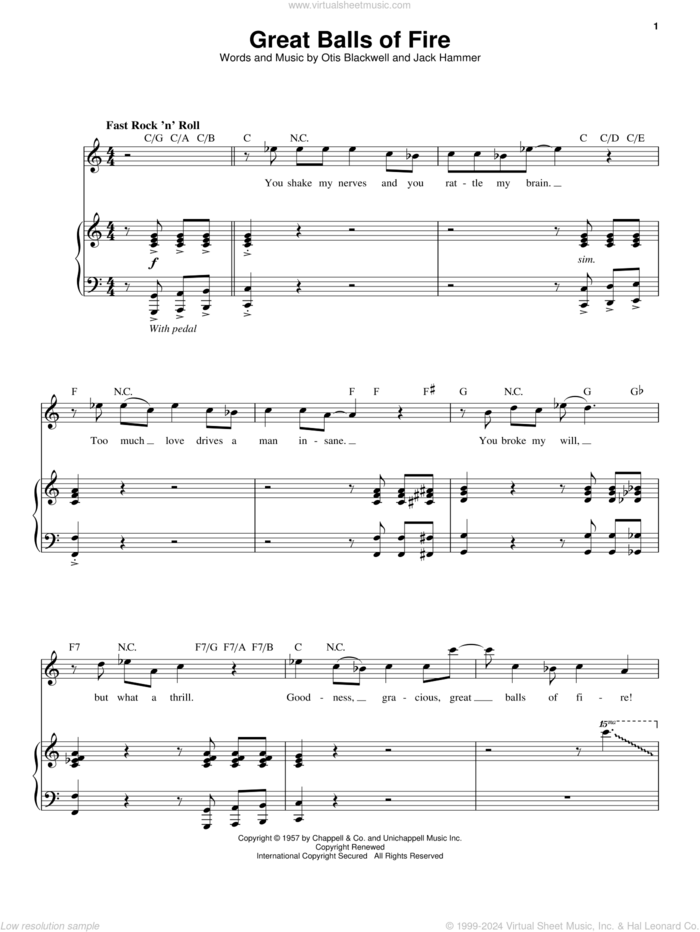 Great Balls Of Fire sheet music for voice and piano by Jerry Lee Lewis, Jack Hammer and Otis Blackwell, intermediate skill level