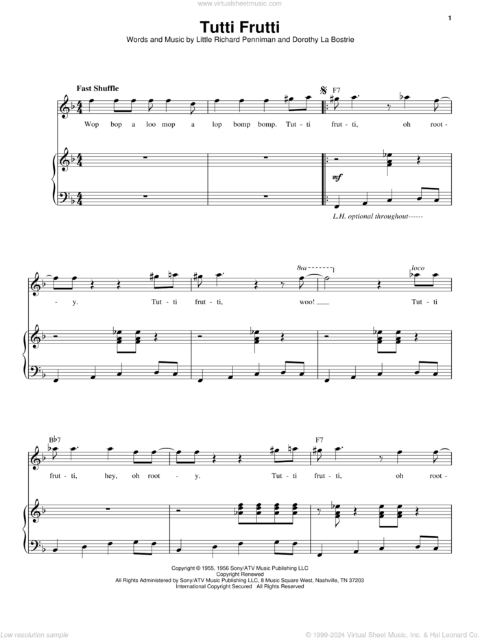 Tutti Frutti sheet music for voice and piano by Little Richard, Chuck Berry, Dorothy La Bostrie and Richard Penniman, intermediate skill level