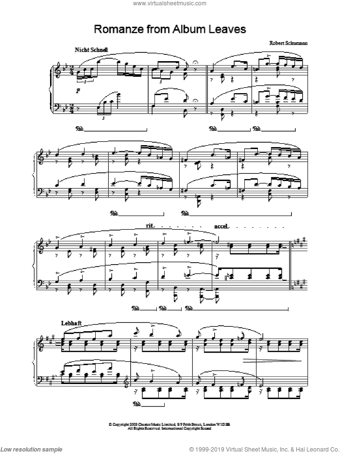 Romanze from Album Leaves sheet music for piano solo by Robert Schumann, classical score, intermediate skill level