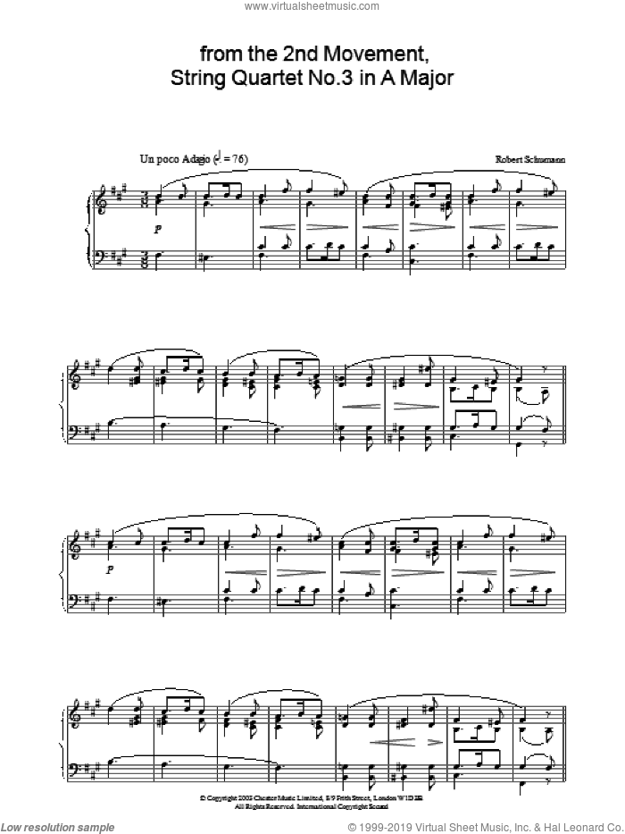 from the 2nd Movement, String Quartet No.3 in A Major sheet music for piano solo by Robert Schumann, classical score, intermediate skill level