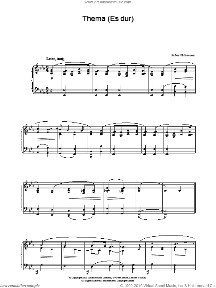 Thema (Es dur) sheet music for piano solo by Robert Schumann, classical score, intermediate skill level