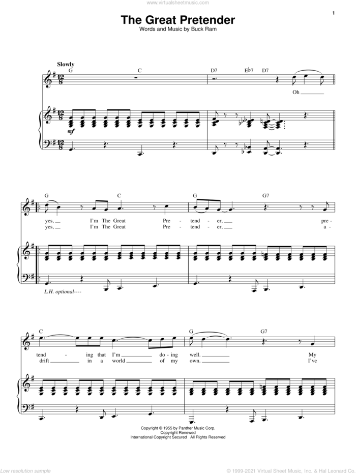 The Great Pretender sheet music for voice and piano by The Platters and Buck Ram, intermediate skill level