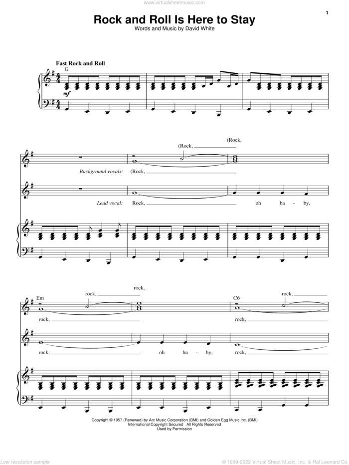 Rock And Roll Is Here To Stay sheet music for voice and piano by Danny & The Juniors and David White, intermediate skill level