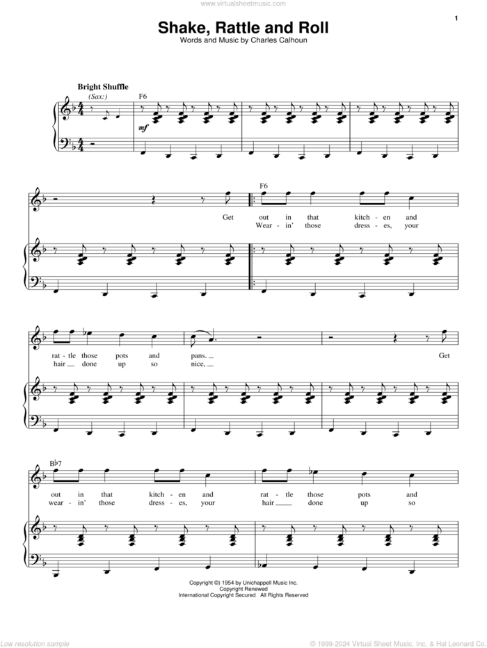 Shake, Rattle And Roll sheet music for voice and piano by Bill Haley and Charles Calhoun, intermediate skill level