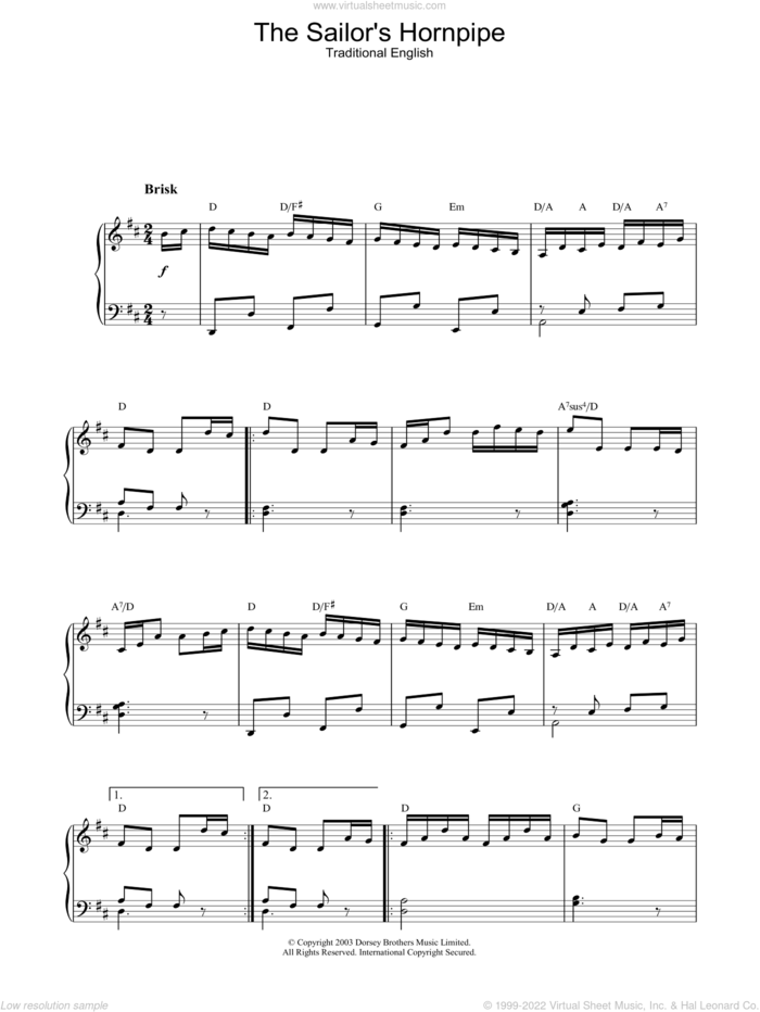 The Sailor's Hornpipe sheet music for piano solo, intermediate skill level