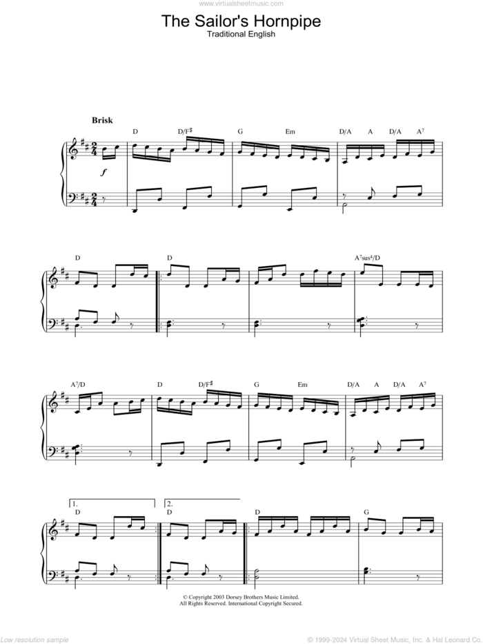 The Sailor's Hornpipe sheet music for piano solo, intermediate skill level