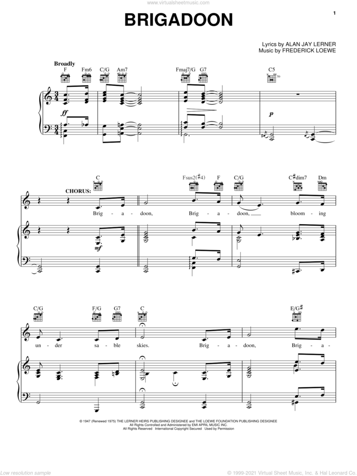Brigadoon sheet music for voice, piano or guitar by Lerner & Loewe, Brigadoon (Musical), Alan Jay Lerner and Frederick Loewe, intermediate skill level