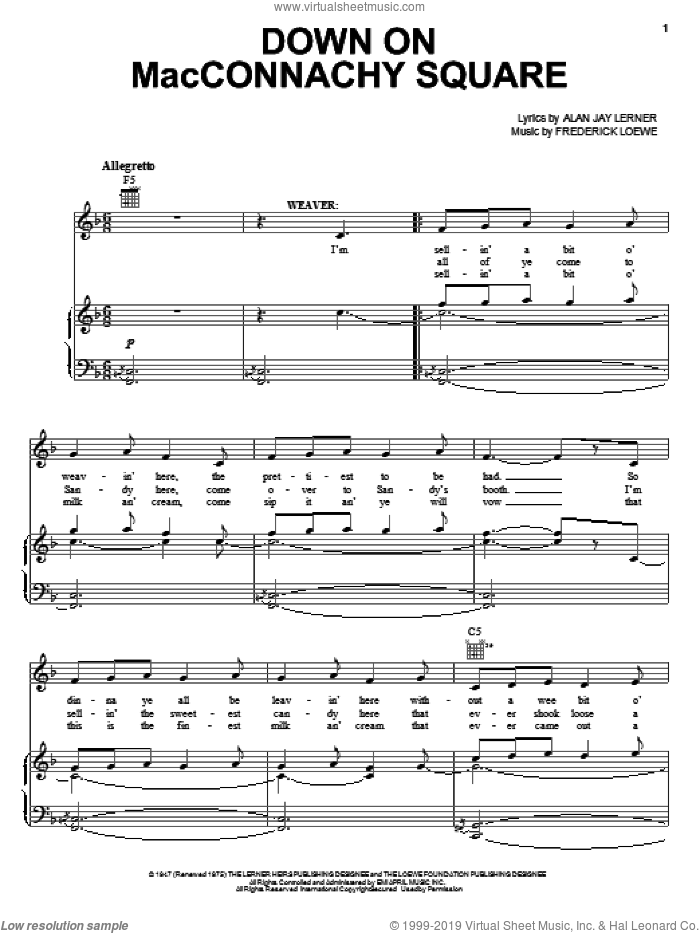 Down On MacConnachy Square sheet music for voice, piano or guitar by Lerner & Loewe, Brigadoon (Musical), Alan Jay Lerner and Frederick Loewe, intermediate skill level