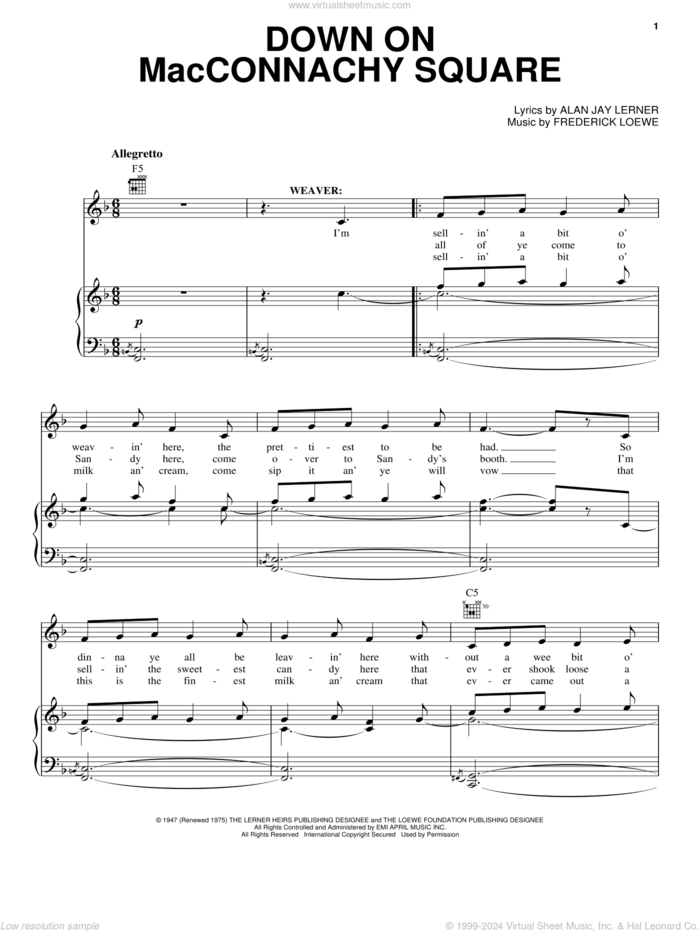 Down On MacConnachy Square sheet music for voice, piano or guitar by Lerner & Loewe, Brigadoon (Musical), Alan Jay Lerner and Frederick Loewe, intermediate skill level