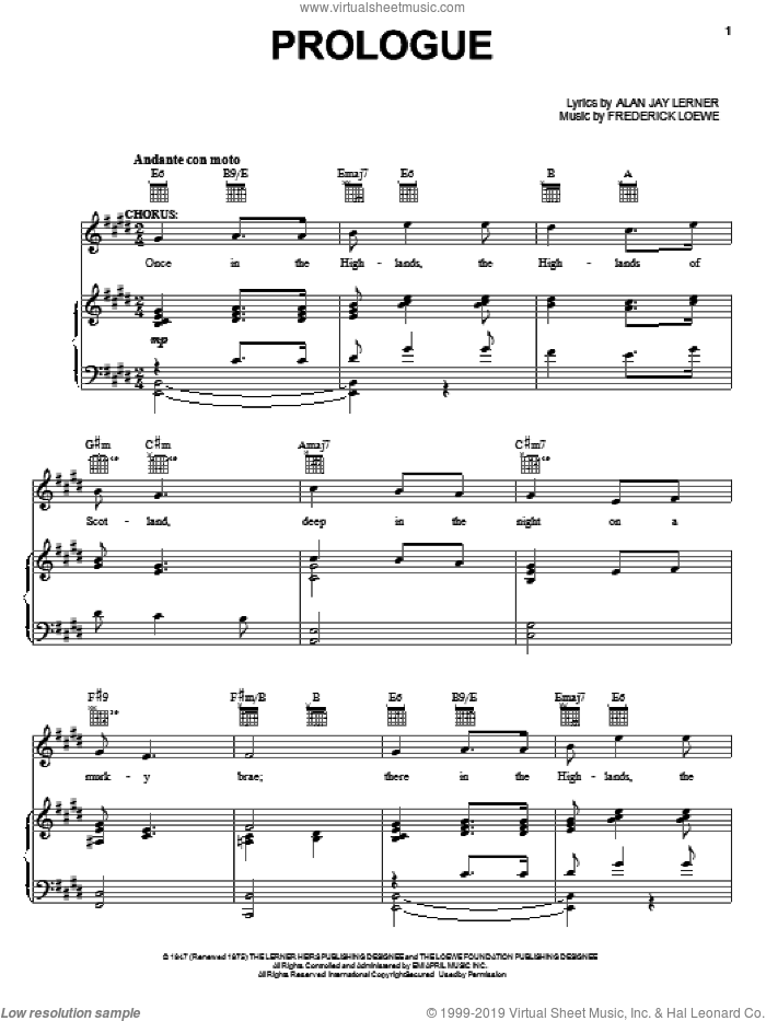 Prologue sheet music for voice, piano or guitar by Lerner & Loewe, Brigadoon (Musical), Alan Jay Lerner and Frederick Loewe, intermediate skill level