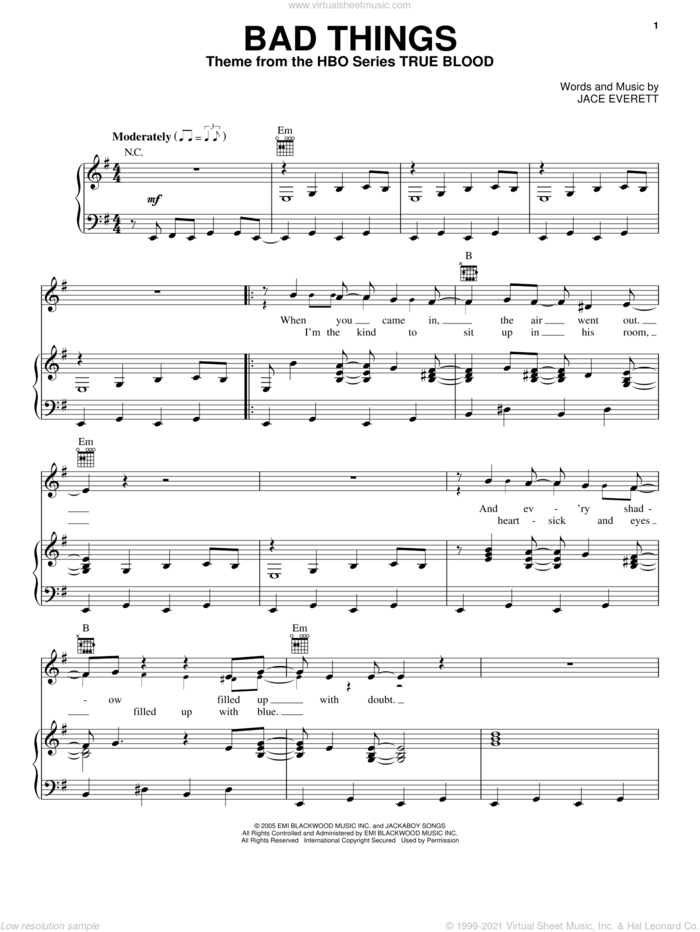 Bad Things sheet music for voice, piano or guitar by Jace Everett, intermediate skill level