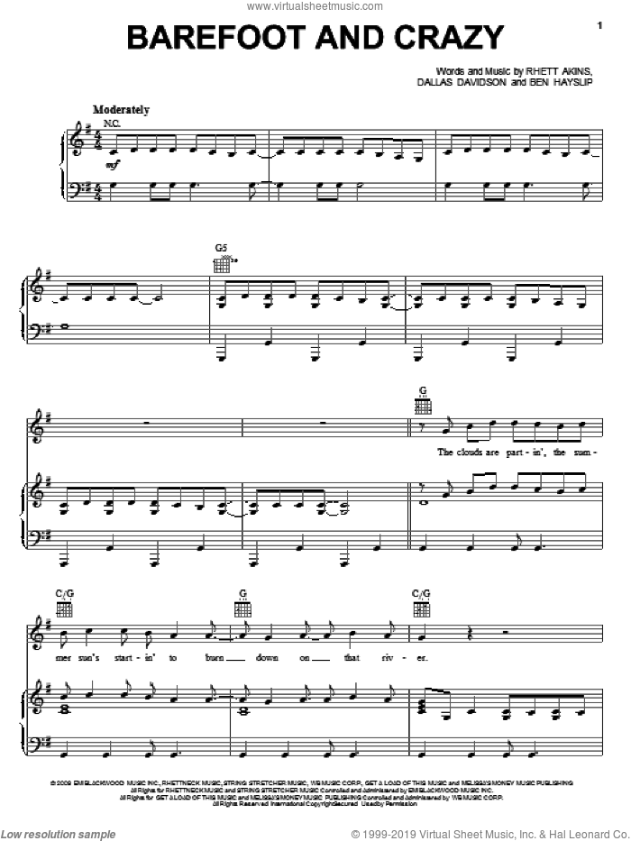 Barefoot And Crazy sheet music for voice, piano or guitar by Jack Ingram, Ben Hayslip, Dallas Davidson and Rhett Akins, intermediate skill level