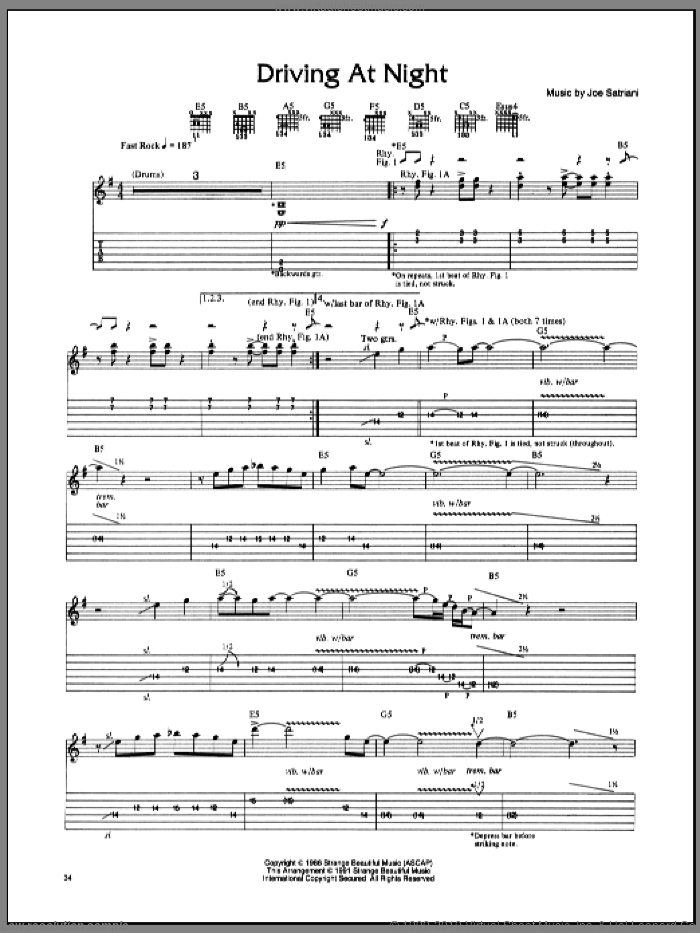 Driving At Night sheet music for guitar (tablature) by Joe Satriani, intermediate skill level